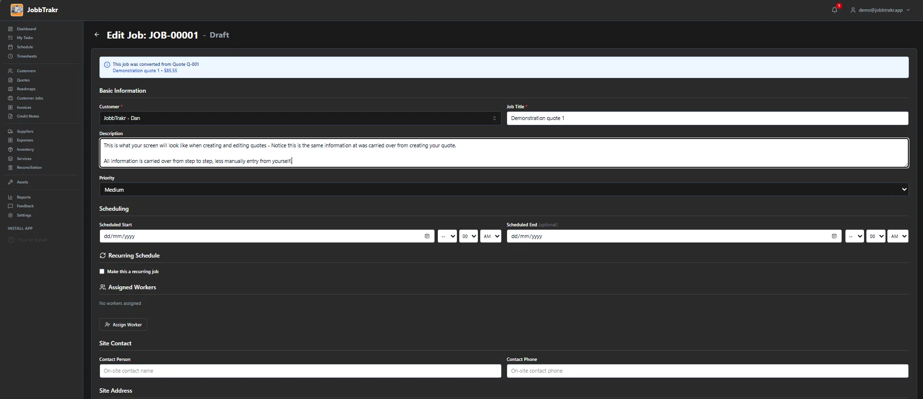 JobbTrakr jobs screen showing an approved quote converted into a job