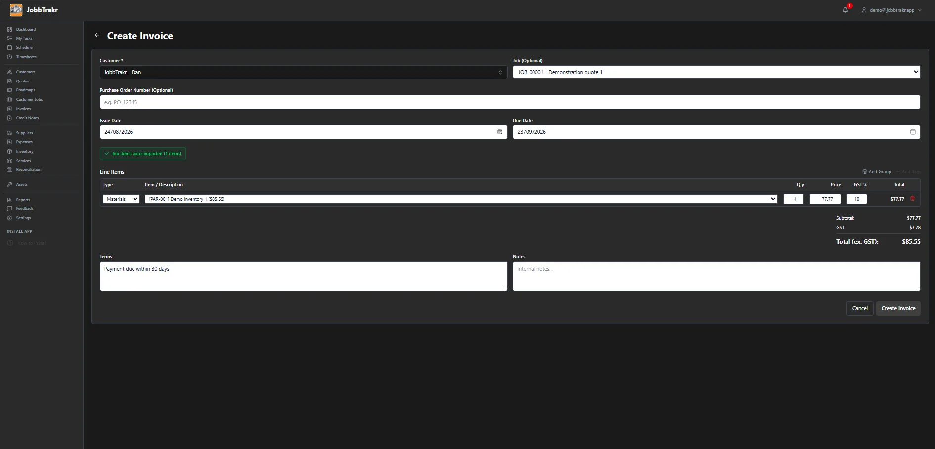 JobbTrakr invoice screen showing GST calculated automatically