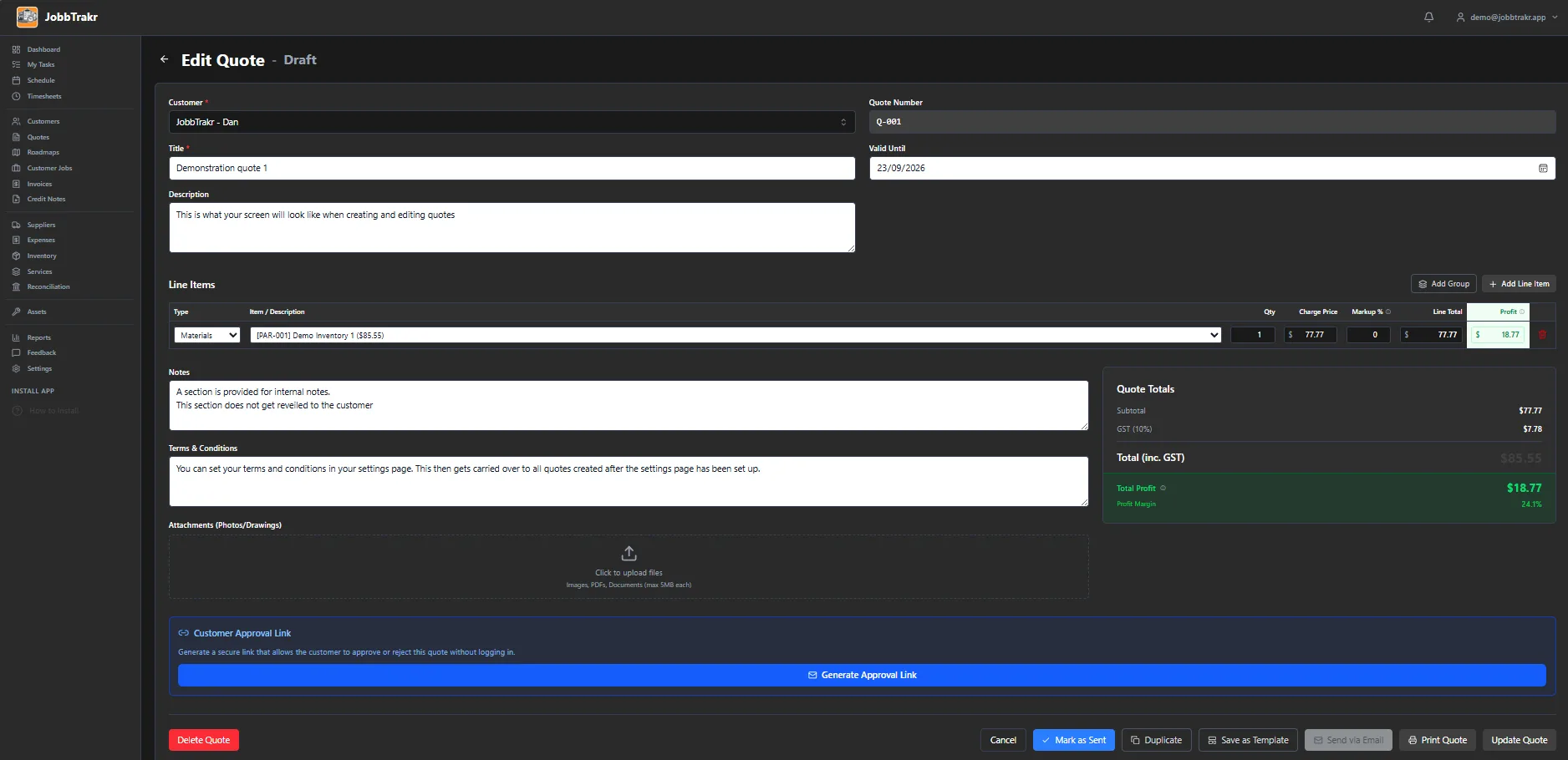 JobbTrakr quote screen showing customer, labour and parts details