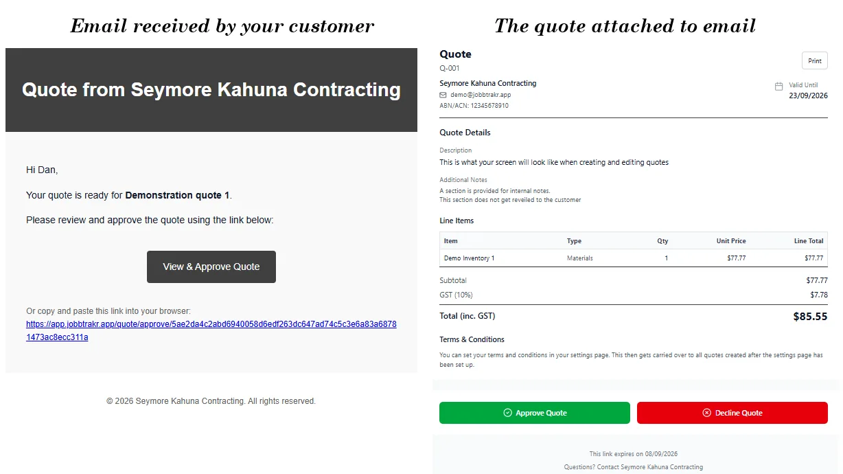 Customer reviewing a JobbTrakr quote by email before approving it online