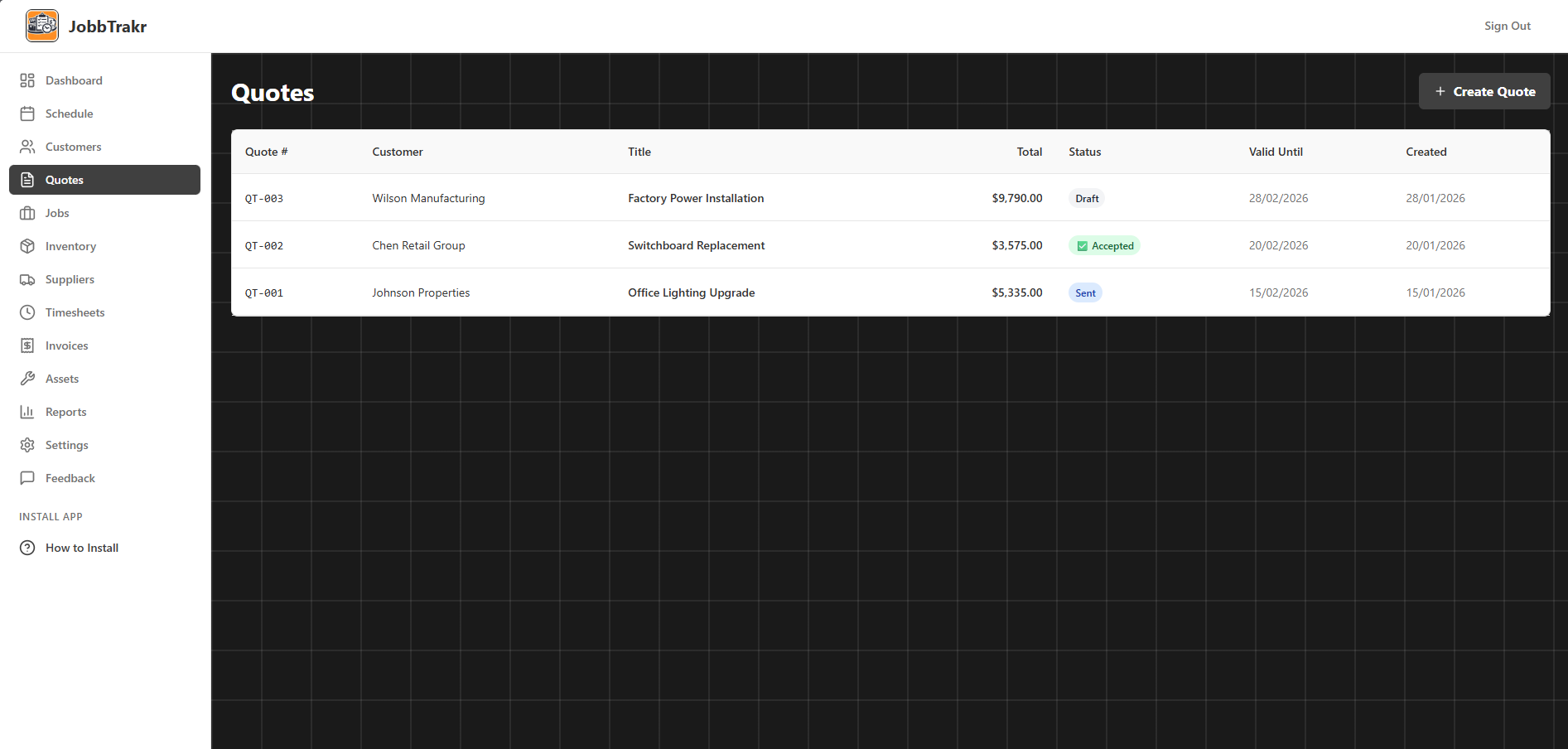 JobbTrakr Quotes System