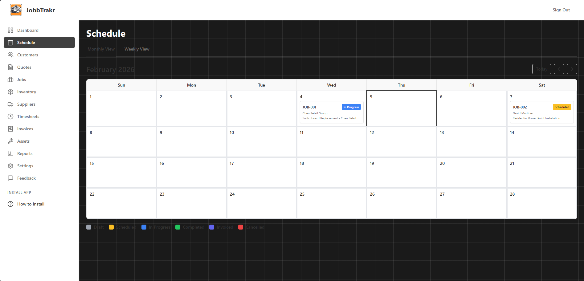 JobbTrakr Scheduling Calendar
